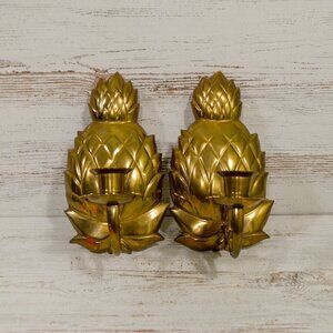 Pair of Heavy Brass Pineapple Candle Holders Wall Hanging